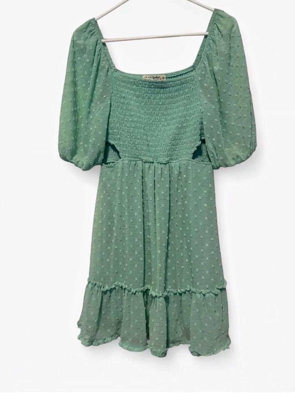 Live to Be Spoiled Sage Green Smocked Cutout Mini Dress M